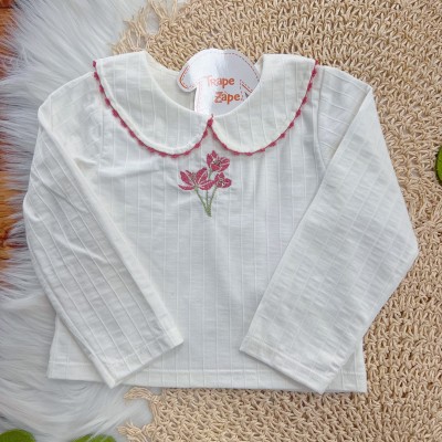 Conj. Blusa Manga Longa 3 Flores Gola Bordada e Calça com Botões Dourados - Off White e Goiaba